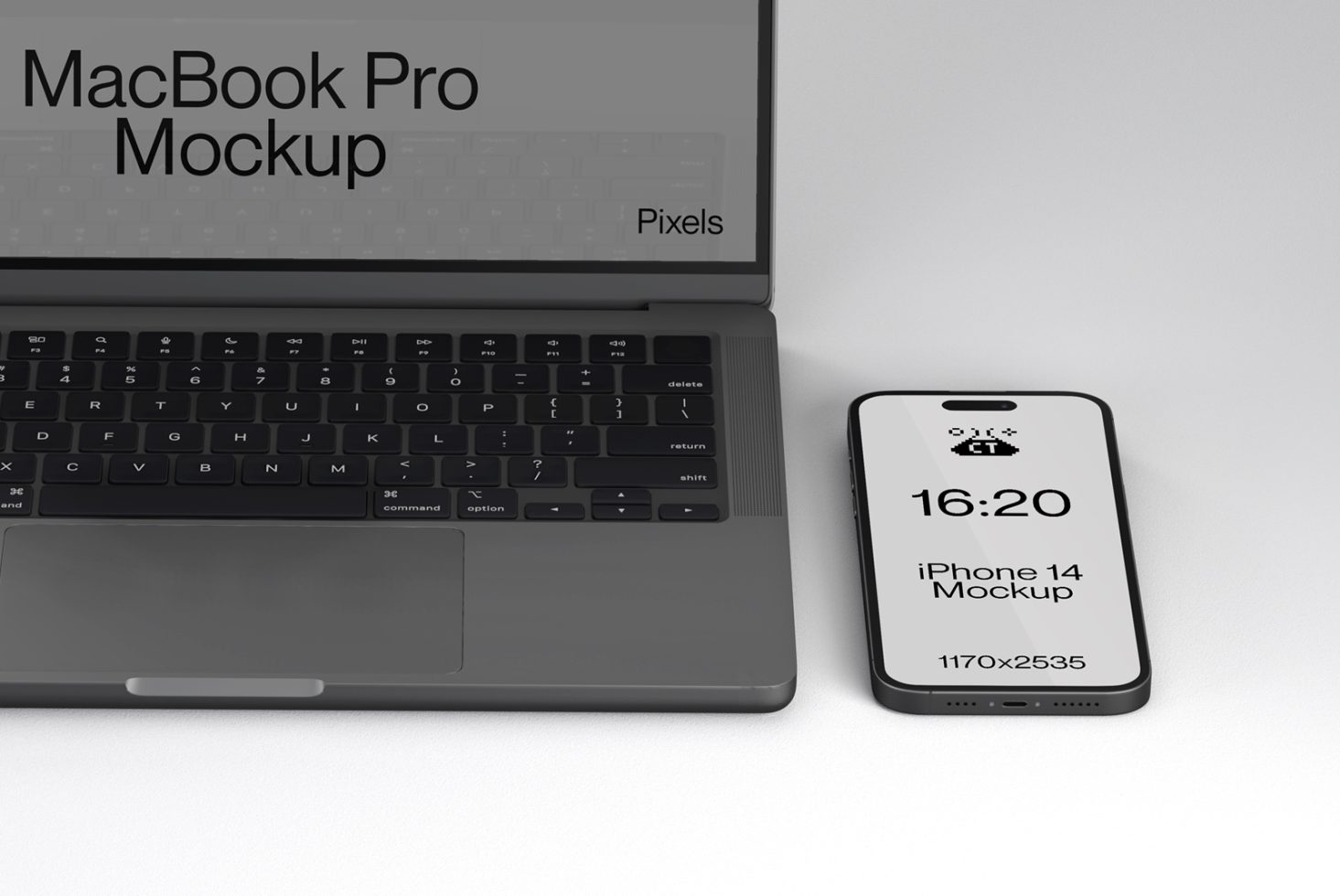 Professional MacBook Pro and iPhone 14 mockup for design presentation, digital asset, clean layout, mockup template, high-resolution display.